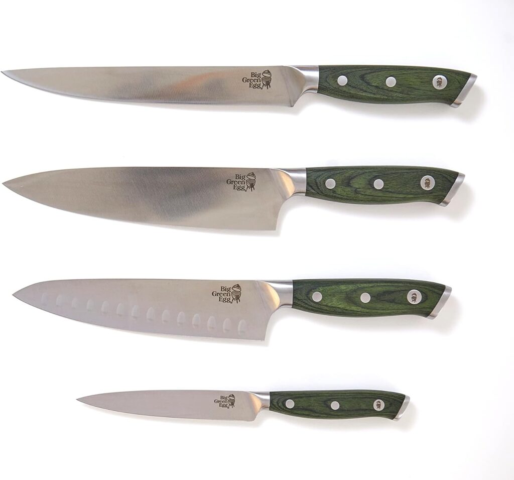 Big Green Egg Culinary Chef Knife Set (4 piece) with Case - German Steel Knives, 8” Chef Knife, Santoku Knife, Slicing Knife, and Paring Knife. Best Chef Knife Set