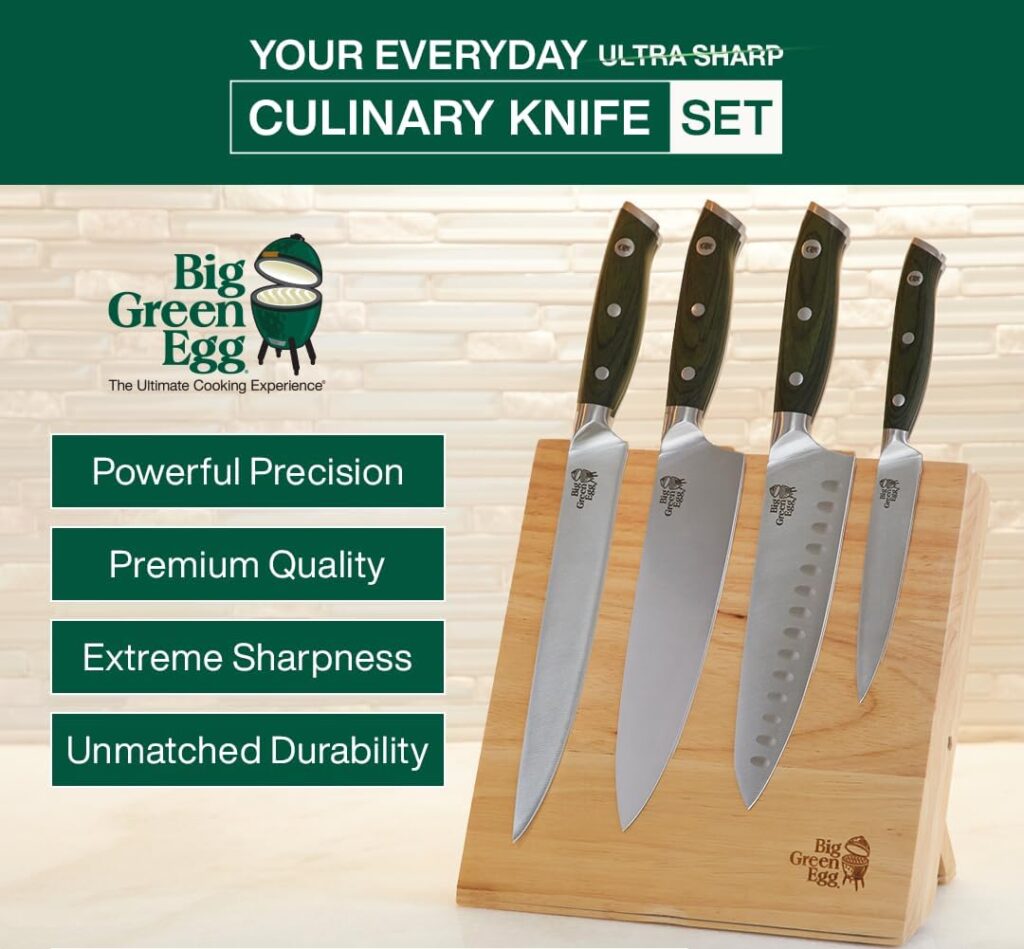 Big Green Egg Culinary Chef Knife Set (4 piece) with Case - German Steel Knives, 8” Chef Knife, Santoku Knife, Slicing Knife, and Paring Knife. Best Chef Knife Set