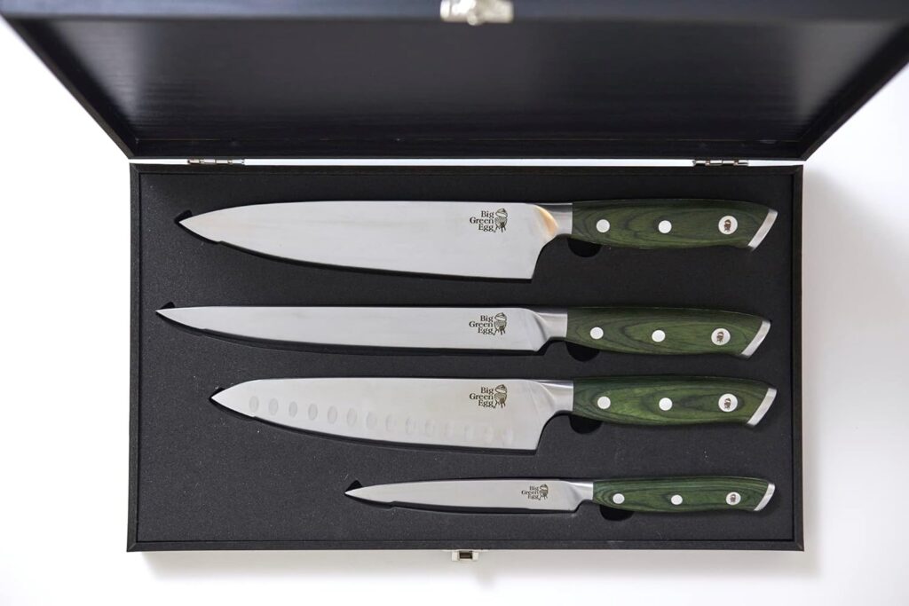 Big Green Egg Culinary Chef Knife Set (4 piece) with Case - German Steel Knives, 8” Chef Knife, Santoku Knife, Slicing Knife, and Paring Knife. Best Chef Knife Set