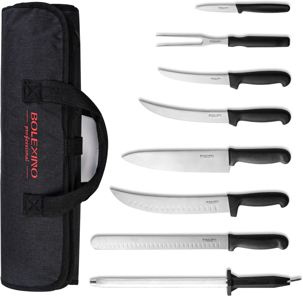 BOLEXINO Professional 9 Piece BBQ Knife Set,Knife Roll,Outdoor Cooking Knife Set,Japanese style Premium stainless Steel Chef Knife Set,Ultimate Grilling Set with Carrying Bag