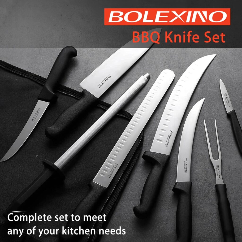 BOLEXINO Professional 9 Piece BBQ Knife Set,Knife Roll,Outdoor Cooking Knife Set,Japanese style Premium stainless Steel Chef Knife Set,Ultimate Grilling Set with Carrying Bag