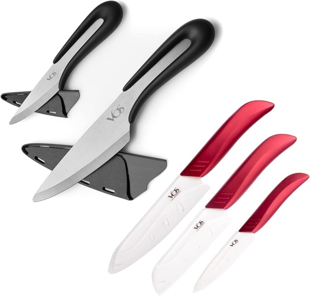 Ceramic Knife Sets - 4-Piece Ceramic Knives Set with Covers - 5 Santoku Knife, 3 Paring Knife and 2 Black Covers and 6 Chef Knife, 5 Santoku Knife, 4 Paring Knife, 3 Covers