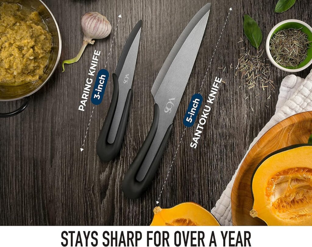 Ceramic Knife Sets - 4-Piece Ceramic Knives Set with Covers - 5 Santoku Knife, 3 Paring Knife and 2 Black Covers and 6 Chef Knife, 5 Santoku Knife, 4 Paring Knife, 3 Covers