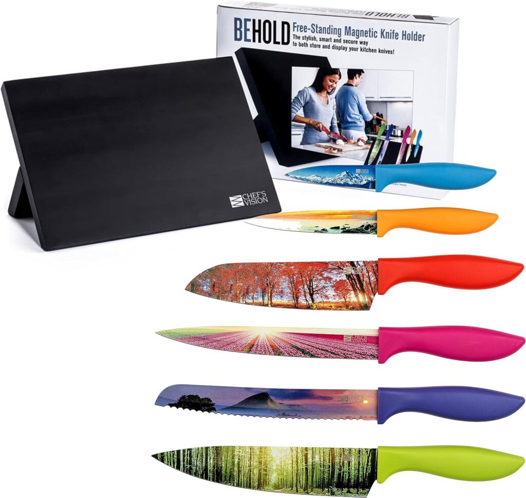 CHEFS VISION Landscape Knife Set Bundled With BEHOLD Free Standing Magnetic Holder Black