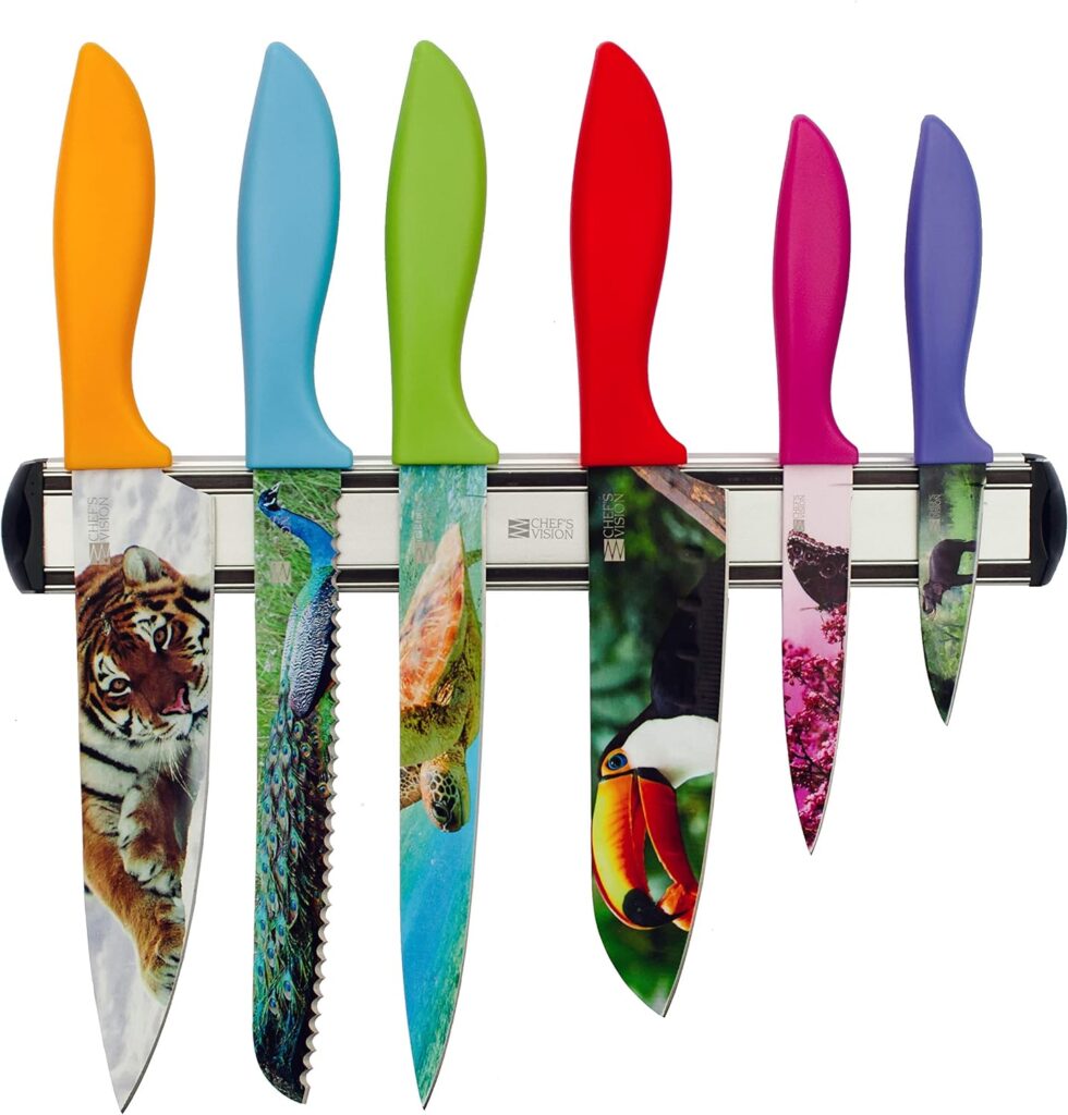 CHEFS VISION Wildlife Knife Set Bundle With BEHOLD Wall-Mounted Magnetic Holder Silver