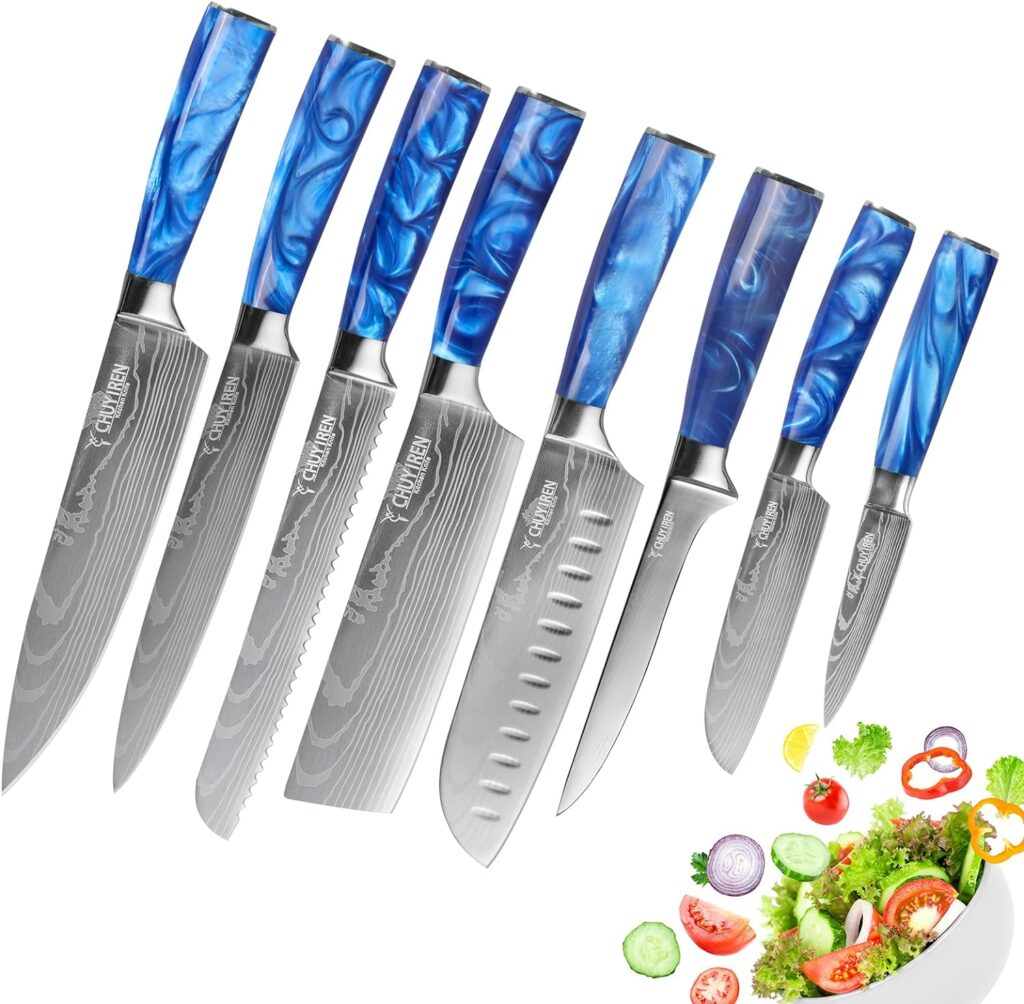 CHUYIREN Chef Knife Set of 8, Professional Kitchen Knife Set for Daily Use, High Carbon Steel Culinary Knives Set for Household Blade Length Varies From 3.5 Inches to 8 Inches, Blue, Christmas Gift