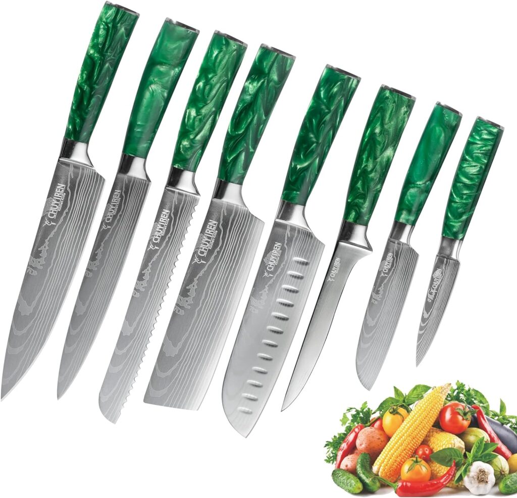 CHUYIREN Chef Knife Set of 8, Professional Kitchen Knife Set for Daily Use, High Carbon Steel Culinary Knives Set for Household Blade Length Varies From 3.5 Inches to 8 Inches, Blue, Christmas Gift