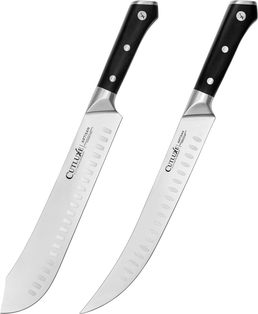 Cutluxe Butchers Knife Set – Cimeter and Bullnose Butcher Breaking Knives – Forged High Carbon German Steel – Full Tang  Razor Sharp – Ergonomic Handle Design – Artisan Series