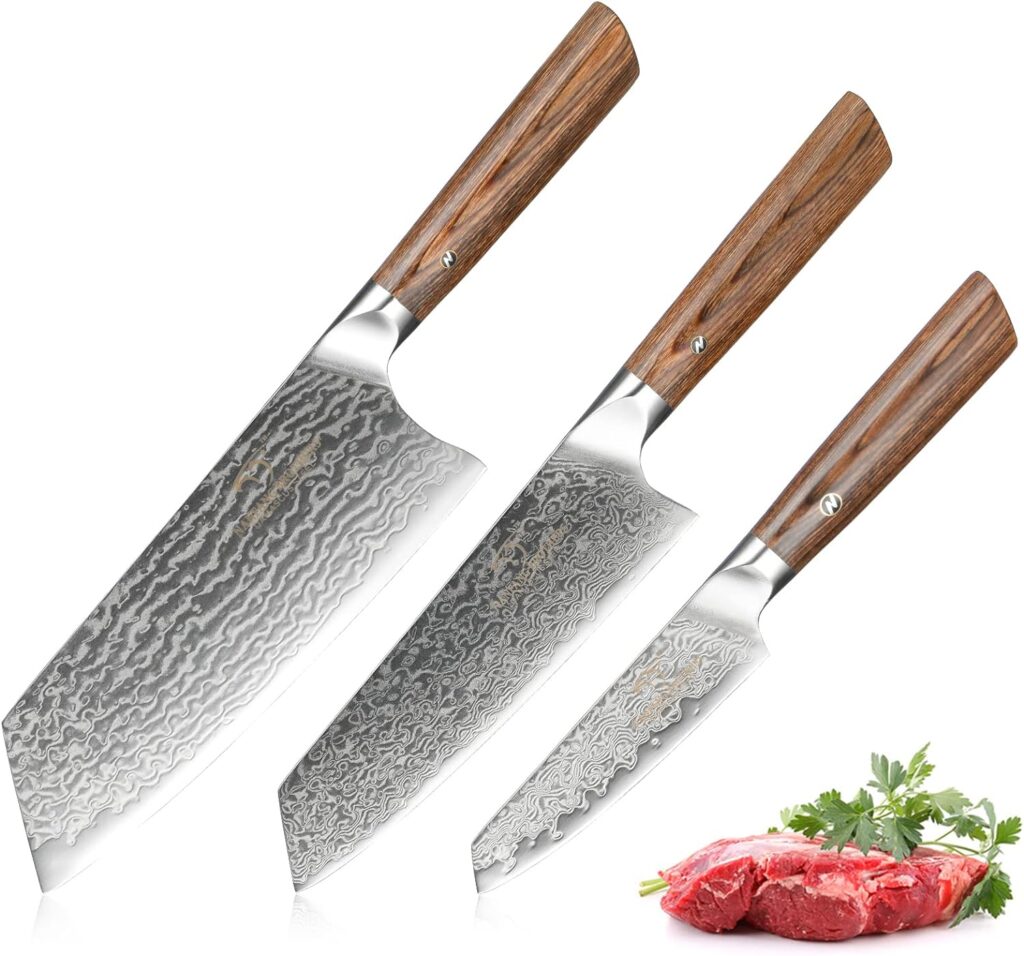 Damascus Kitchen Knife Set, 3 Pieces Japanese Style Kitchen Knives 67 Layer Forged Damascus VG10 Steel, lightweight Wood Ergonomic Handle for Cooking Knives Set