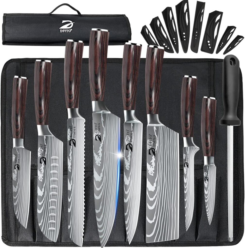 Dfito Chef Knife Sets with Roll Bag, 9 Pieces Professional Knife Set, High Carbon Stainless Steel Kitchen Chef Knife Set, Red Pakkawood Handle, Dishwasher Safe