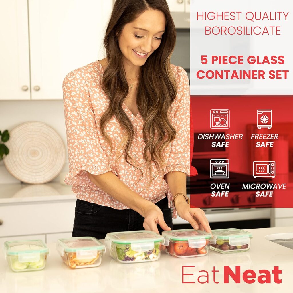 EatNeat Kitchen Knife Set with Cutting Board - EatNeat 5-Pack of Glass Food Storage Containers with Airtight Snap Locking Lids to Keep Food Fresh