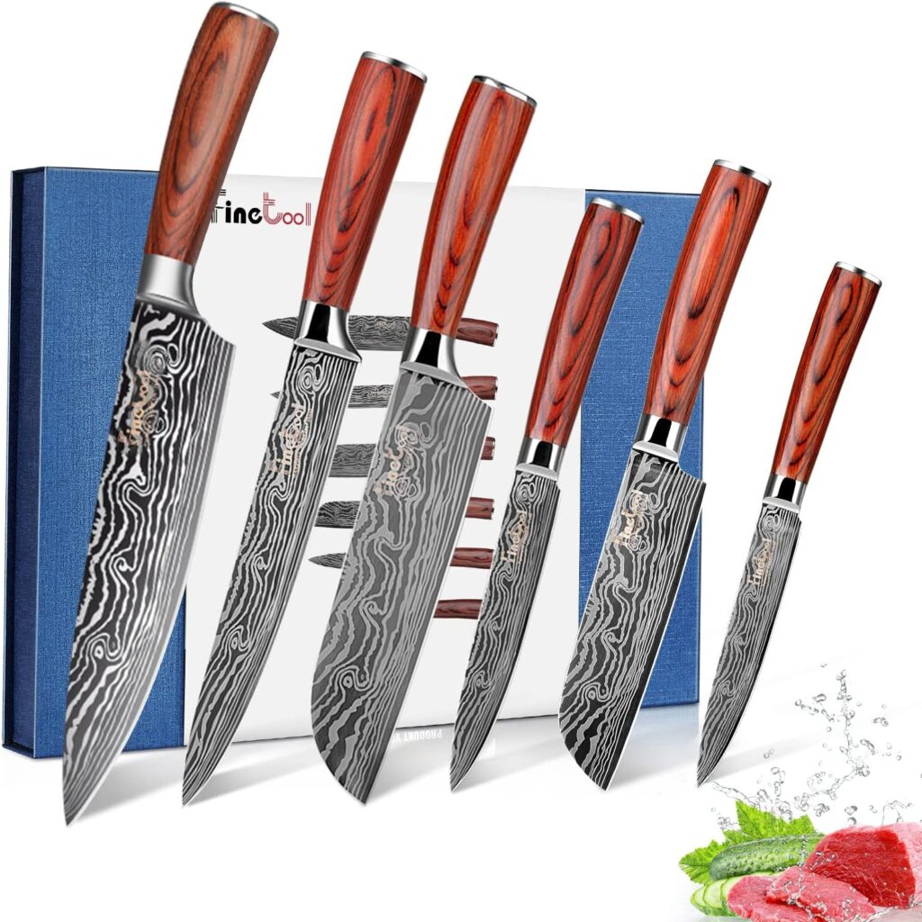 FineTool Kitchen Knife Sets, Professional Chef Knives Set Japanese 7Cr17mov High Carbon Stainless Steel Vegetable Meat Cooking Knife Accessories with Red Solid Wood Handle, 6 Pieces Set Boxed Knife