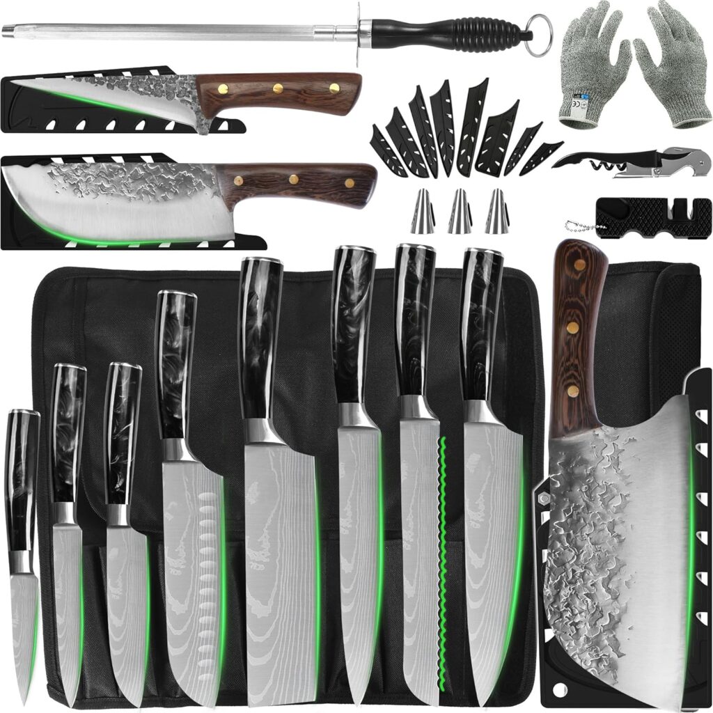 FULLHI 14pcs Japanese Knife Set  Portable 3pcs Forged Butcher Knife Set with Knife Bag and Sheath