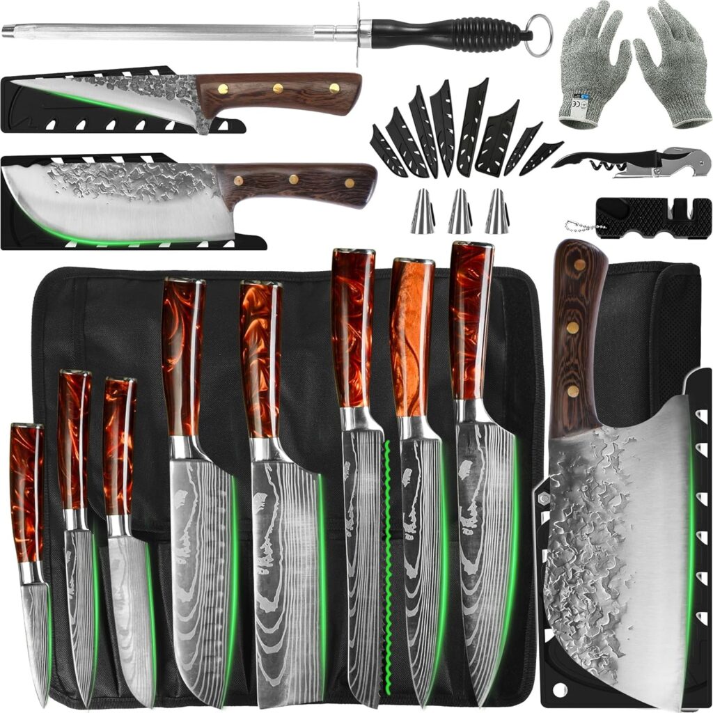 FULLHI Stainless Steel 14pcs Japanese Knife Set  Forged Butcher Knife Set with Knife Bag and Sheath