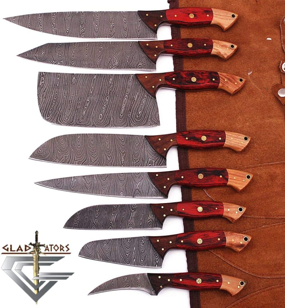 GladiatorsGuild G29RD- Professional Kitchen Knives Custom Made Damascus Steel 8 pcs of Utility Chef Knife Set with Chopper/Cleaver Pocket Case Roll Bag (Red)