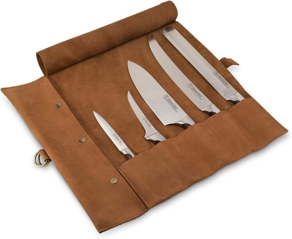 Hammer Stahl BBQ Knife Set | 5 Piece Knife Set with Engraved Leather Roll | Premium Quality Barbecue Knife Set for Meat Cutting | The Essential BBQ Stainless Steel Knife Set | Cutting Knife Set