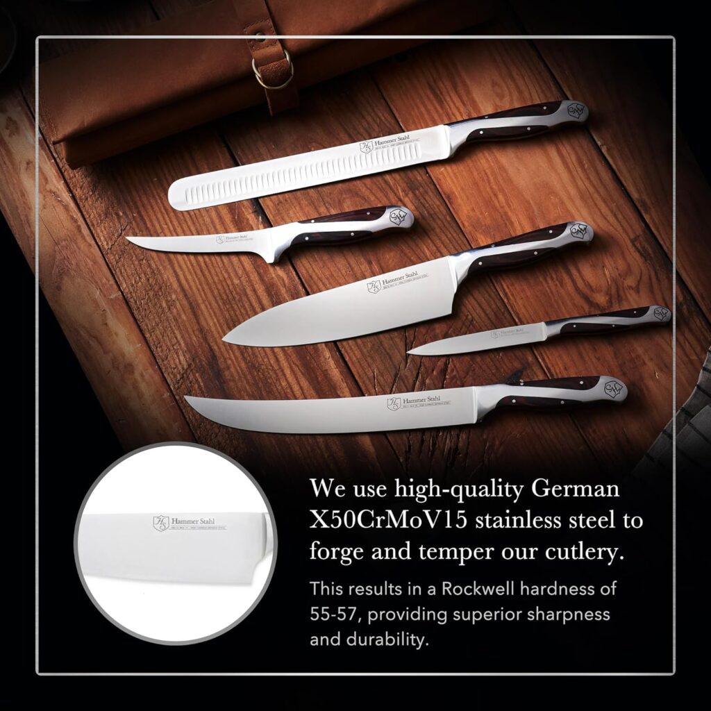 Hammer Stahl BBQ Knife Set | 5 Piece Knife Set with Engraved Leather Roll | Premium Quality Barbecue Knife Set for Meat Cutting | The Essential BBQ Stainless Steel Knife Set | Cutting Knife Set