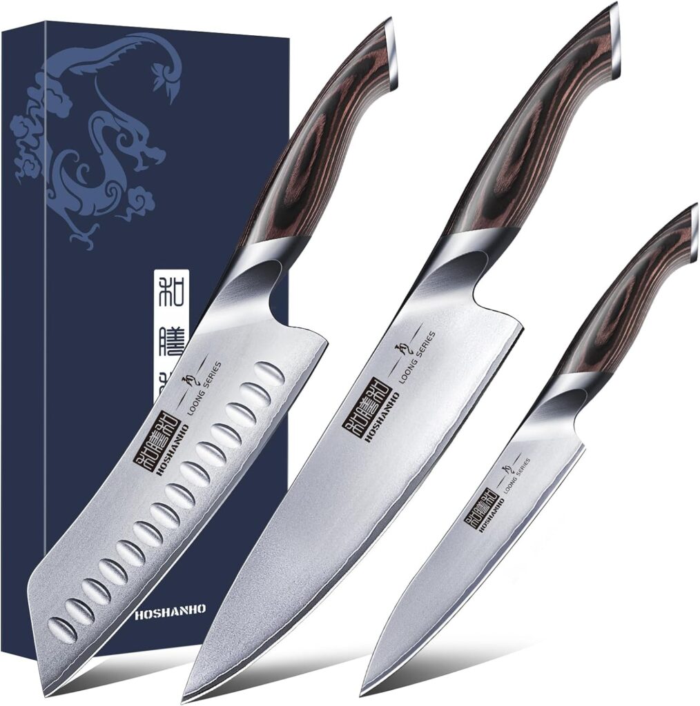 HOSHANHO 3 Pieces Kitchen Knife Set, Professional Japanese Stainless Steel Chef Knife Set, Ultra Sharp Knives for Kitchen with Ergonomic Pakkawood Handle