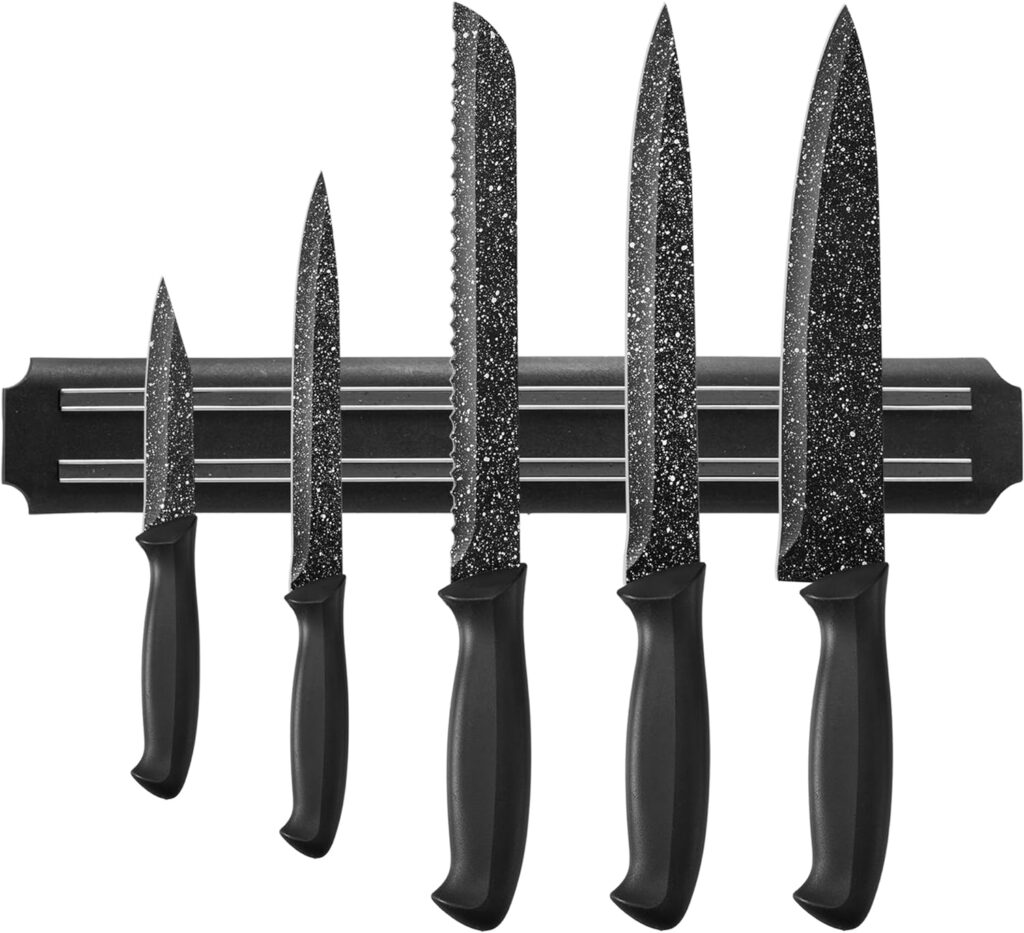 Jiaedge Knife Set, 6 Pieces Kitchen Knives Set with No Drilling Magnetic Strip, Nonstick Coating, Ultra Sharp for Cutting, Dishwasher Safe, Black