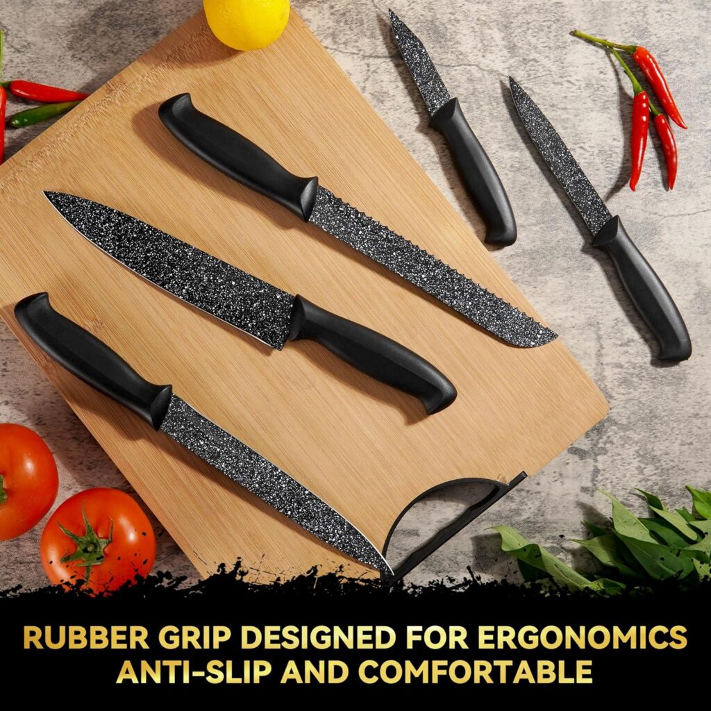 Jiaedge Knife Set, 6 Pieces Kitchen Knives Set with No Drilling Magnetic Strip, Nonstick Coating, Ultra Sharp for Cutting, Dishwasher Safe, Black
