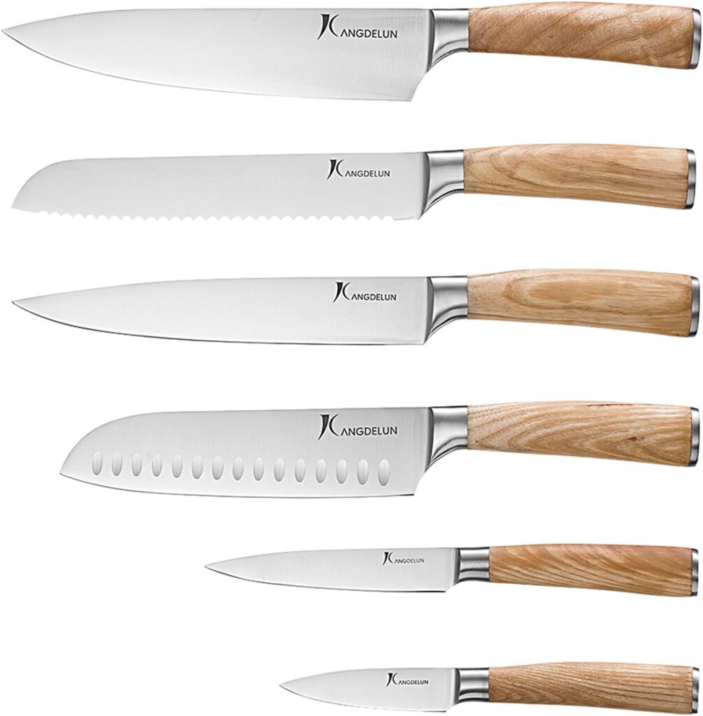kangdelun Natura Series 6 PCS Chef Knife Set with Gift Box, Ultra Sharp Kitchen Knives with Natural Wooden Handles