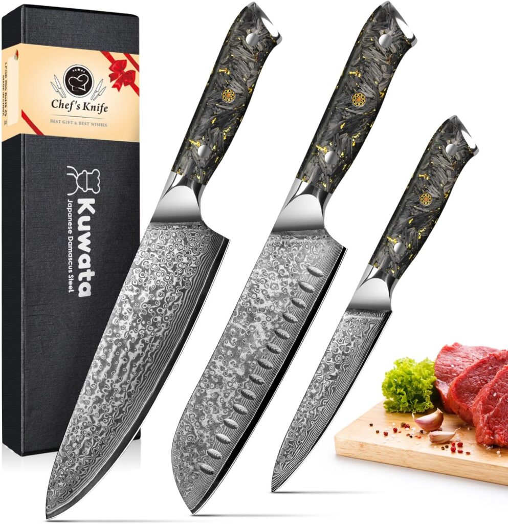 Kuwata Chef Knife Set, 3PCS Professional Damascus Black Gold Series Japanese VG-10 High Carbon Stainless Steel Kitchen Knife Set with G10 Ergonomic Handle, Elegant Gift Box for Home Restaurant