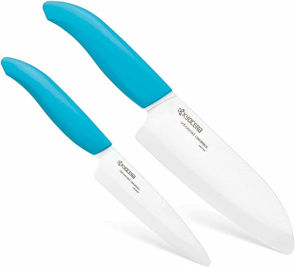 Kyocera Revolution 2-Piece Ceramic Knife Set: Chef Knife For Your Cooking Needs, 5.5 Santoku and 4.5 Utility Knife, White Blades with Blue Handles, White/Blue