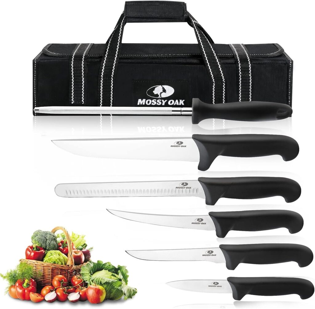 Mossy Oak Outdoor Knife Set - 6 PCS Chef Knife Set with Roll Bag - Premium Stainless Steel BBQ Knife Sets with Ergonomic Handle - Birthday Gifts Christmas Gifts for Women Men Kitchen Lovers