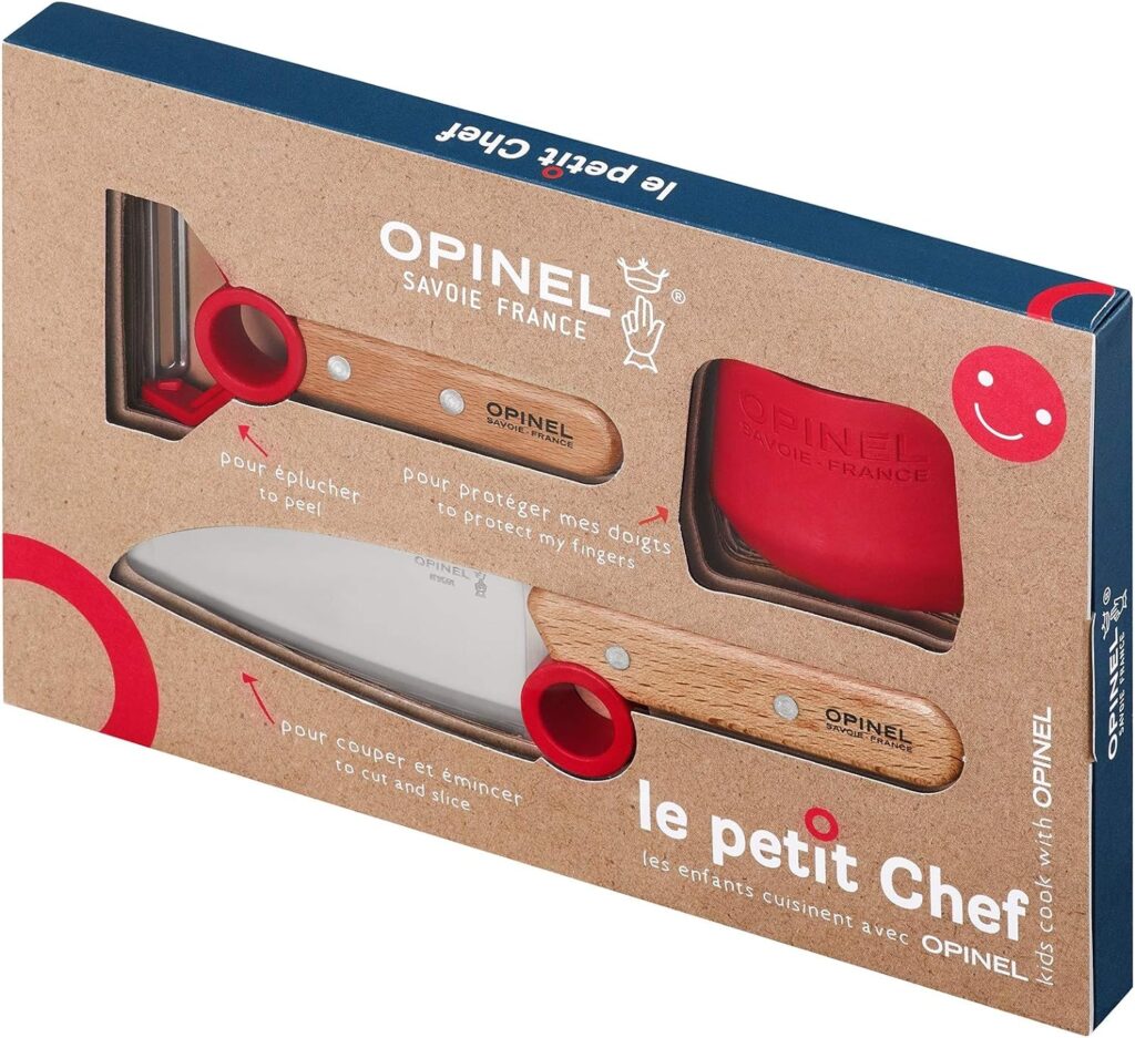 Opinel Le Petit Chef Complete 3 Piece Kitchen Set, Chef Knife with Rounded Tip, Fingers Guard, Peeler, For Children and Teaching Food Prep and Kitchen Safety, Made in France