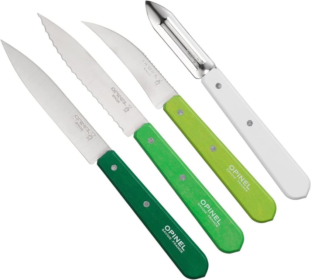 Opinel Les Essentials Small Kitchen 4 Piece Knife Set - Paring Knife, Serrated Knife, Peeler, Vegetable Knife, Corrosion Resistant High Carbon Steel, Made in France (Primavera)