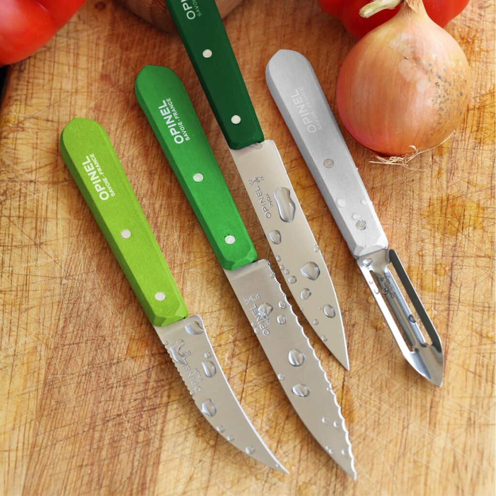 Opinel Les Essentials Small Kitchen 4 Piece Knife Set - Paring Knife, Serrated Knife, Peeler, Vegetable Knife, Corrosion Resistant High Carbon Steel, Made in France (Primavera)