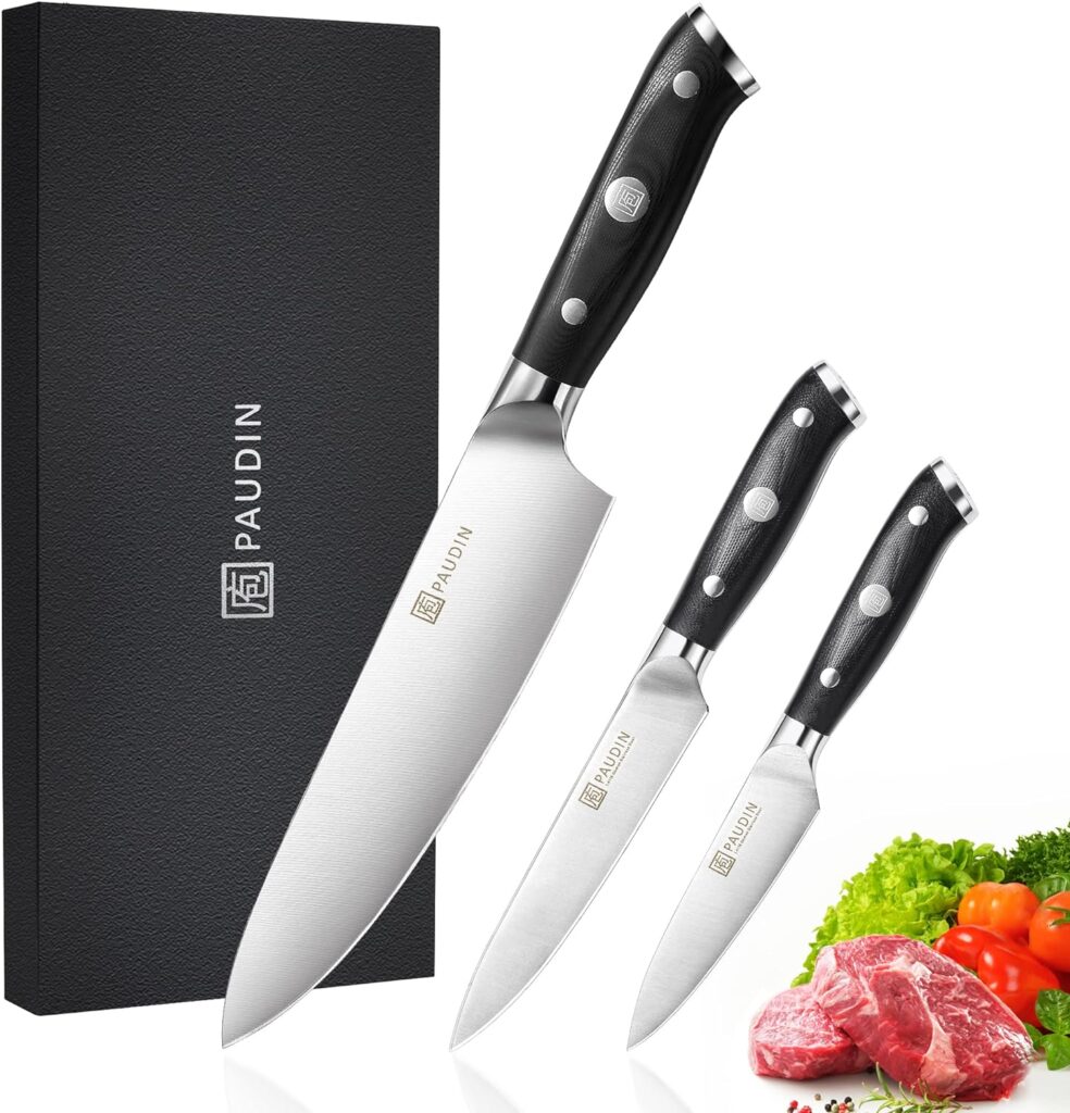 PAUDIN Kitchen Knife Set 3 Piece, Chef Knife Set Professional, 7Cr17Mov Stainless Steel Knives for Kitchen, Full Tang Forged Knife Set with G10 Handle