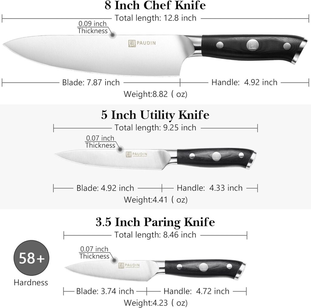 PAUDIN Kitchen Knife Set 3 Piece, Chef Knife Set Professional, 7Cr17Mov Stainless Steel Knives for Kitchen, Full Tang Forged Knife Set with G10 Handle