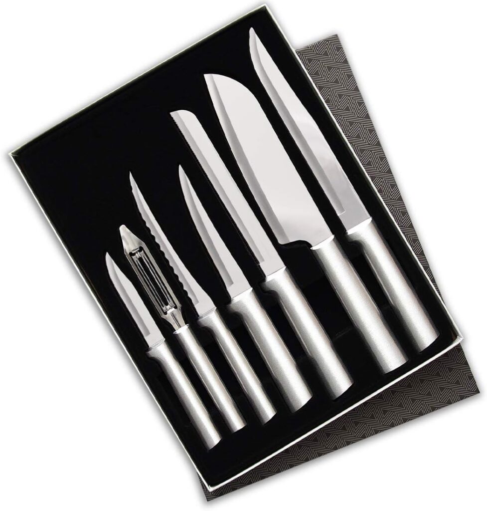 Rada Cutlery Knife 7 Stainless Steel Kitchen Knives Starter Gift Set with Brushed Aluminum Made in USA, Silver Handle