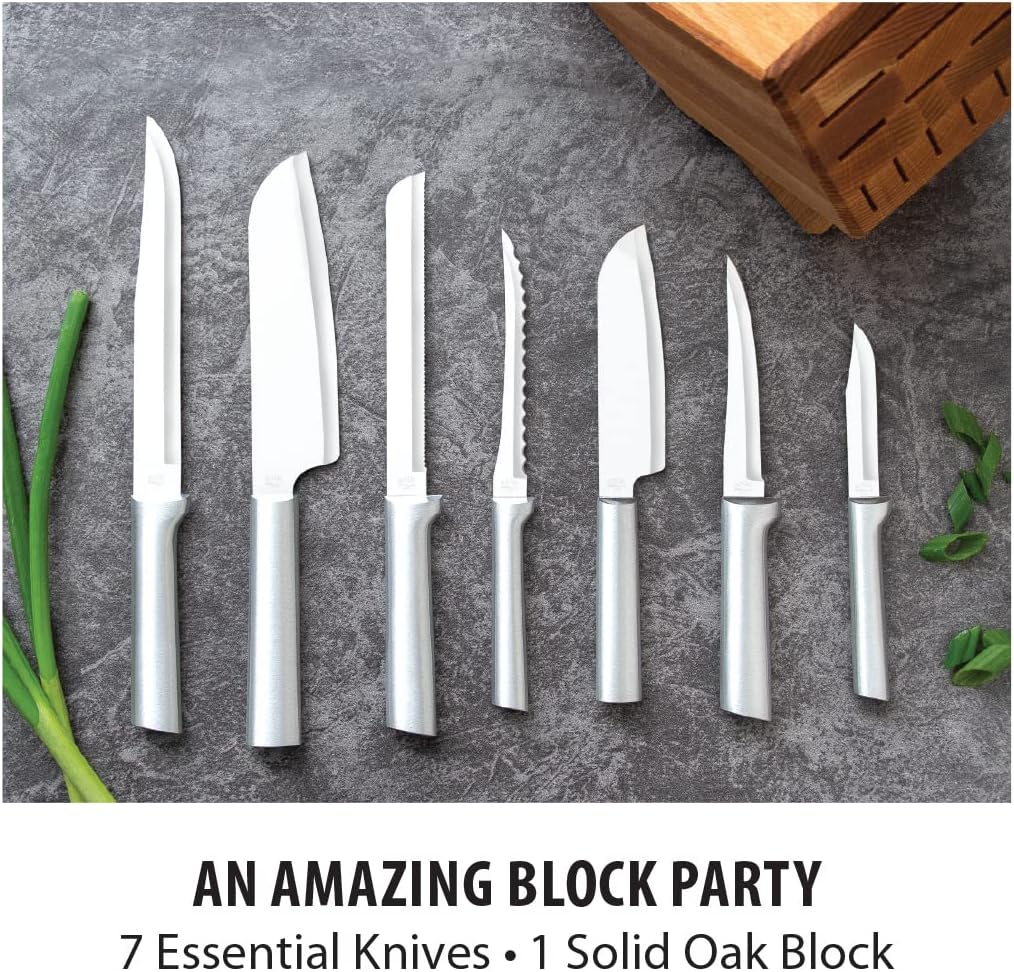 RADA Essential Oak Block Set of 8 Silver Handled Knives With Knife Sharpener