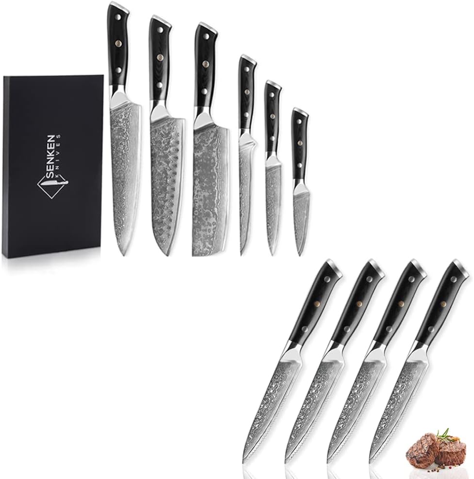 SENKEN 10-Piece 67-Layer Damascus Steel Shogun Professional Kitchen Collection - 6-Piece Chef Knife Set with 4 Matching Serrated Steak Knives