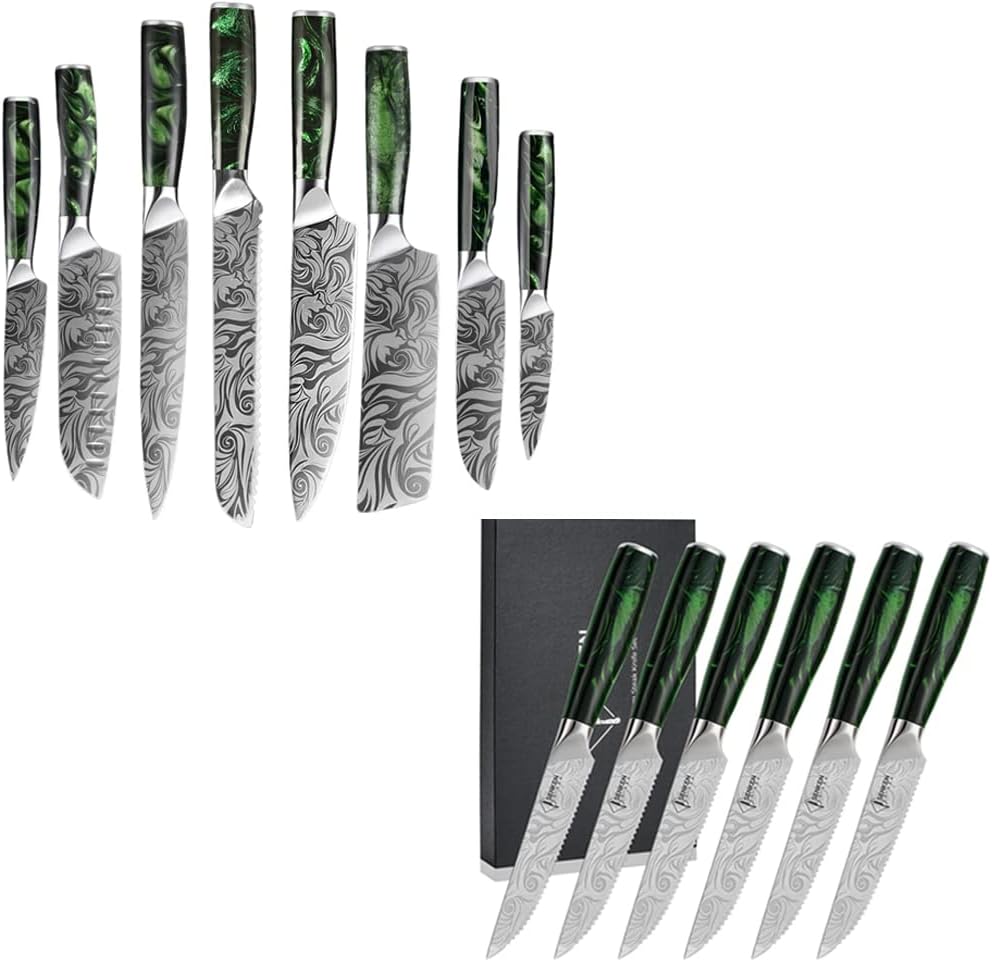 SENKEN 14-Piece Wasabi Japanese Kitchen Knife Set - 8-Piece Chef Knife Set with 6 Matching Serrated Steak Knives