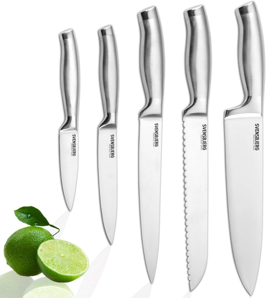 Svensbjerg Modern-Silver Chef Kitchen Knife Set without Block, Chef Knife Set for Cooking, Knife Set for Kitchen, Stainless Steel, Sharp, German Brand | SB-KS101