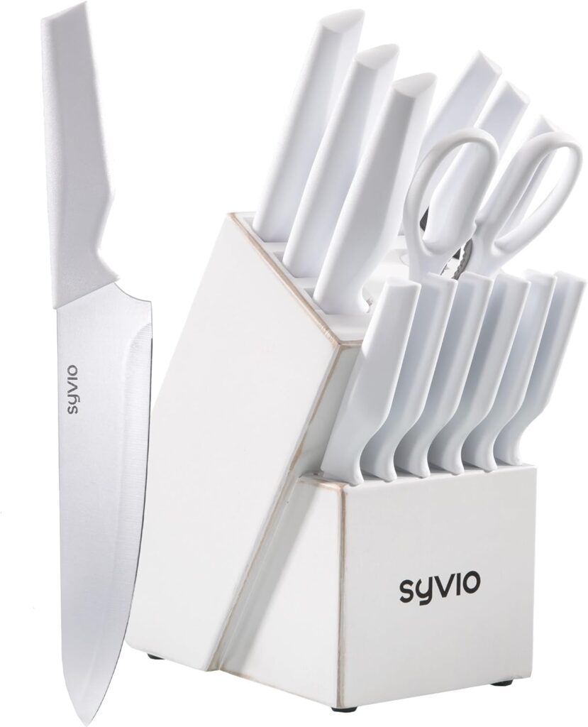 syvio White Knife Set, Kitchen Knife Set With Block and Sharpener, 14 Piece Kitchen Knives for Chopping, Slicing, DicingCutting