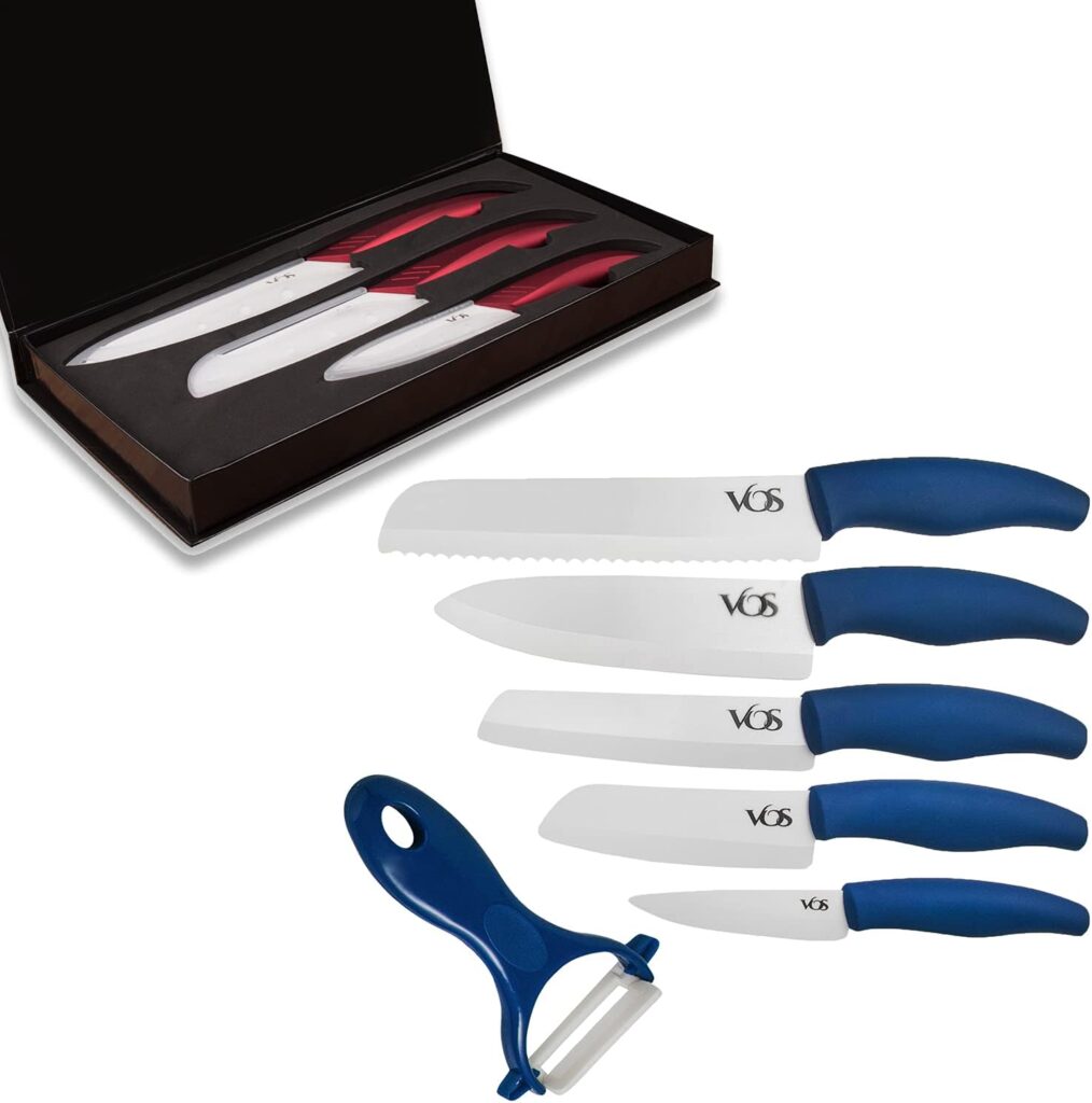 Vos 14 Pcs Knife Set with Covers -11 Pcs Blue Set and a Peeler and 3 Pcs Red Set