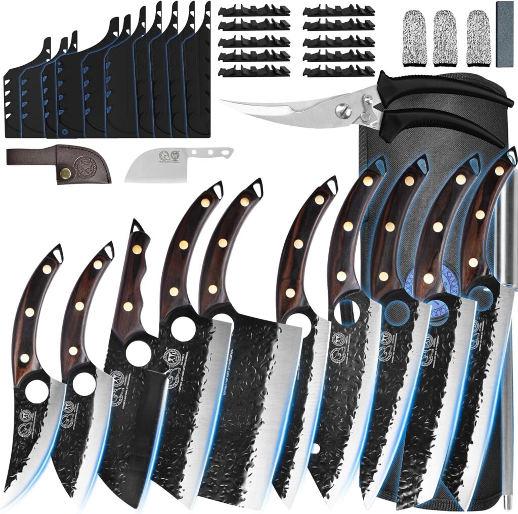 XYJ Authentic Since 1986,10 Pieces Kitchen Knife Set With Roll Bag,Scissors,Honing Steel,Whetstone,Large Butcher Knife,Forged Knives,Full Tang (Coffee)