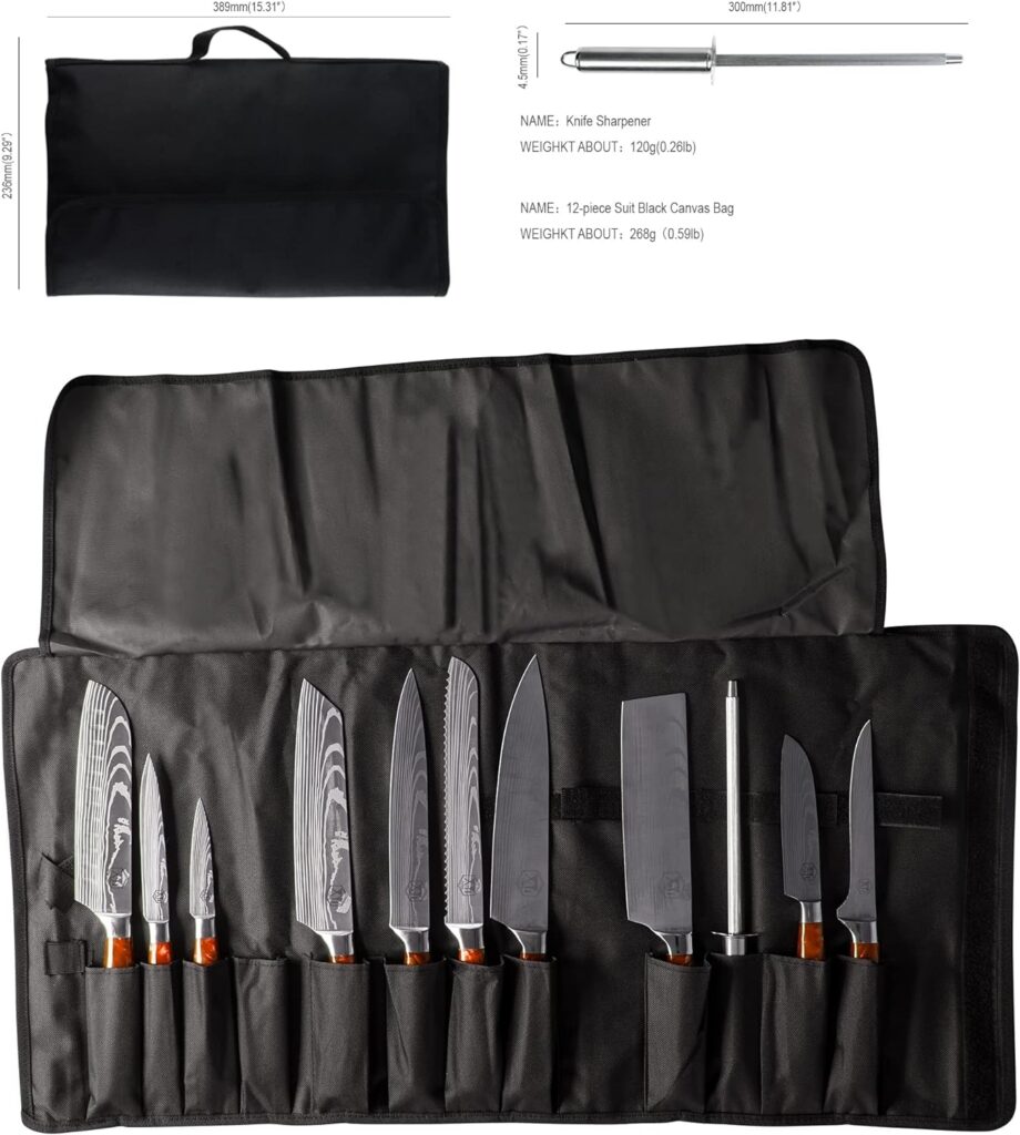 XYJ Professional Chef Knife Set Stainless Steel Kitchen Scissors Sharpener Rod Carry Bag Tools Laser Etched Sharp Blade Cleaver Santoku Knife For Cooking Cutter