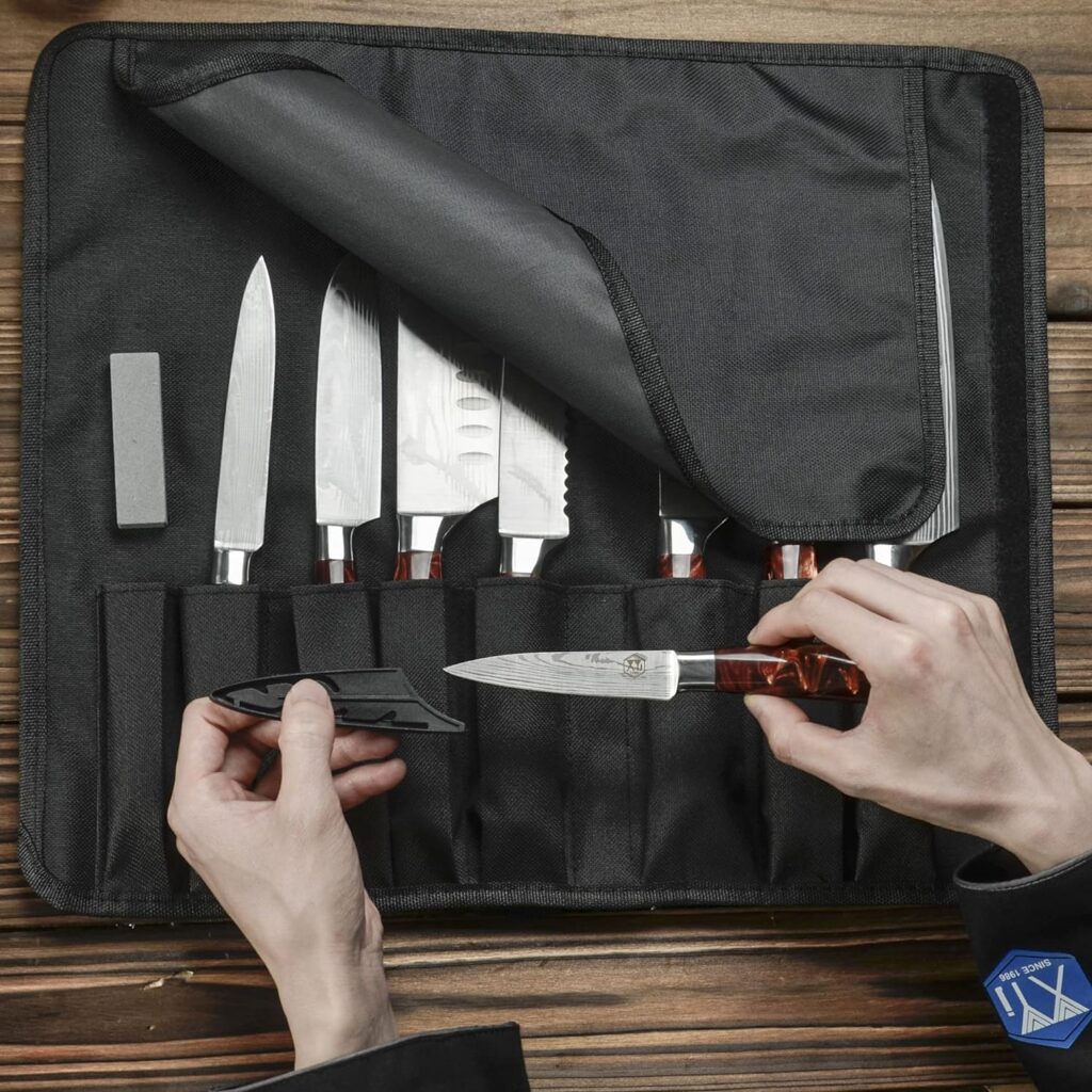 XYJ Professional Chef Knife Set Stainless Steel Kitchen Scissors Sharpener Rod Carry Bag Tools Laser Etched Sharp Blade Cleaver Santoku Knife For Cooking Cutter