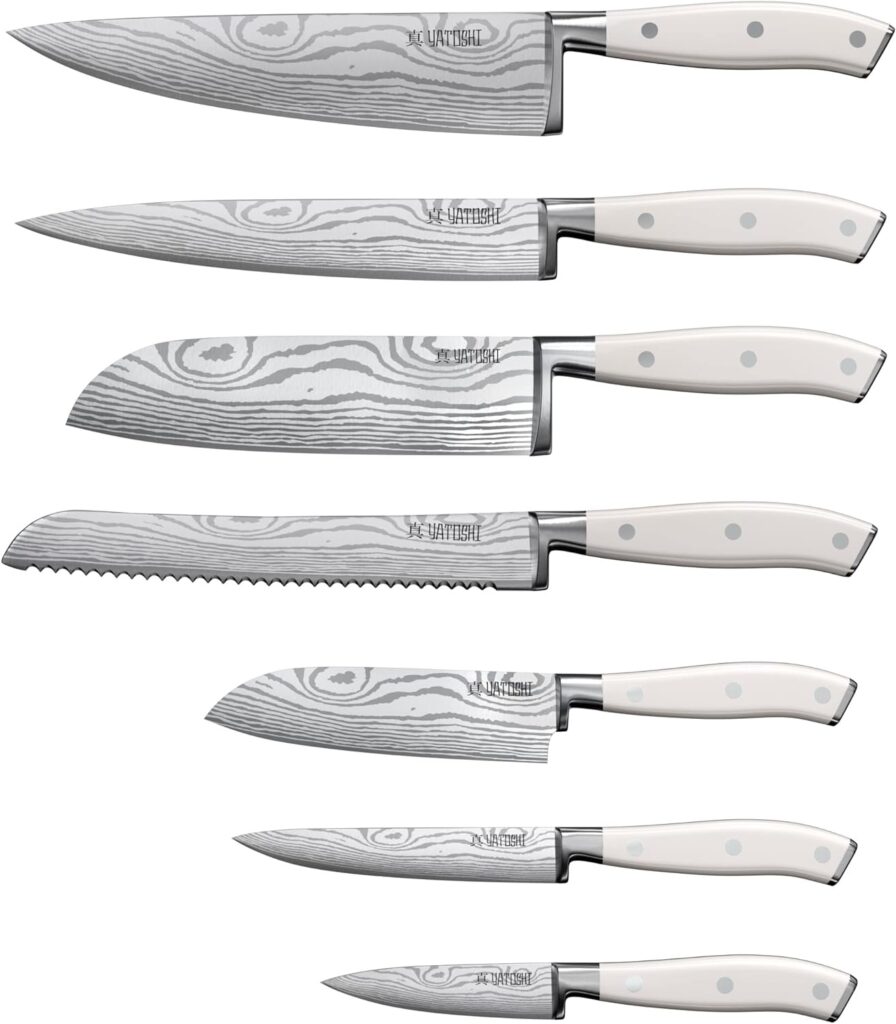 Yatoshi 7 Piece White Knife Set - Pro Kitchen Knife Set Ultra Sharp High Carbon Stainless Steel with Ergonomic Handle