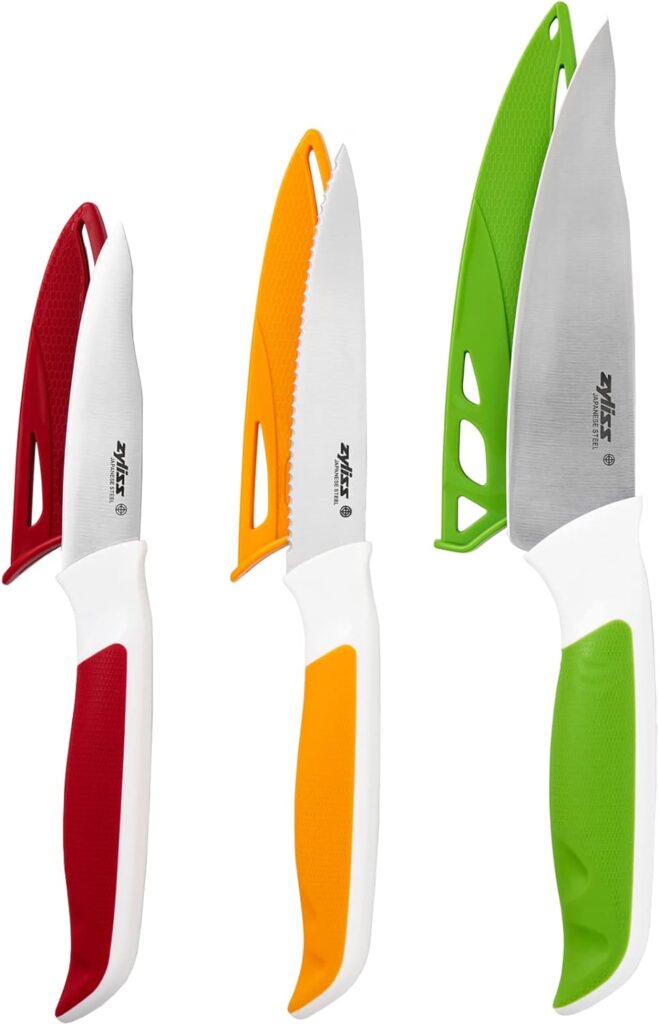 Zyliss E920240 Comfort 3 Piece Knife Set | Multiple Sizes | Japanese Stainless Steel | Multicolour | 3 x Kitchen Knives With Protection Covers | Dishwasher Safe | 5 Year Guarantee