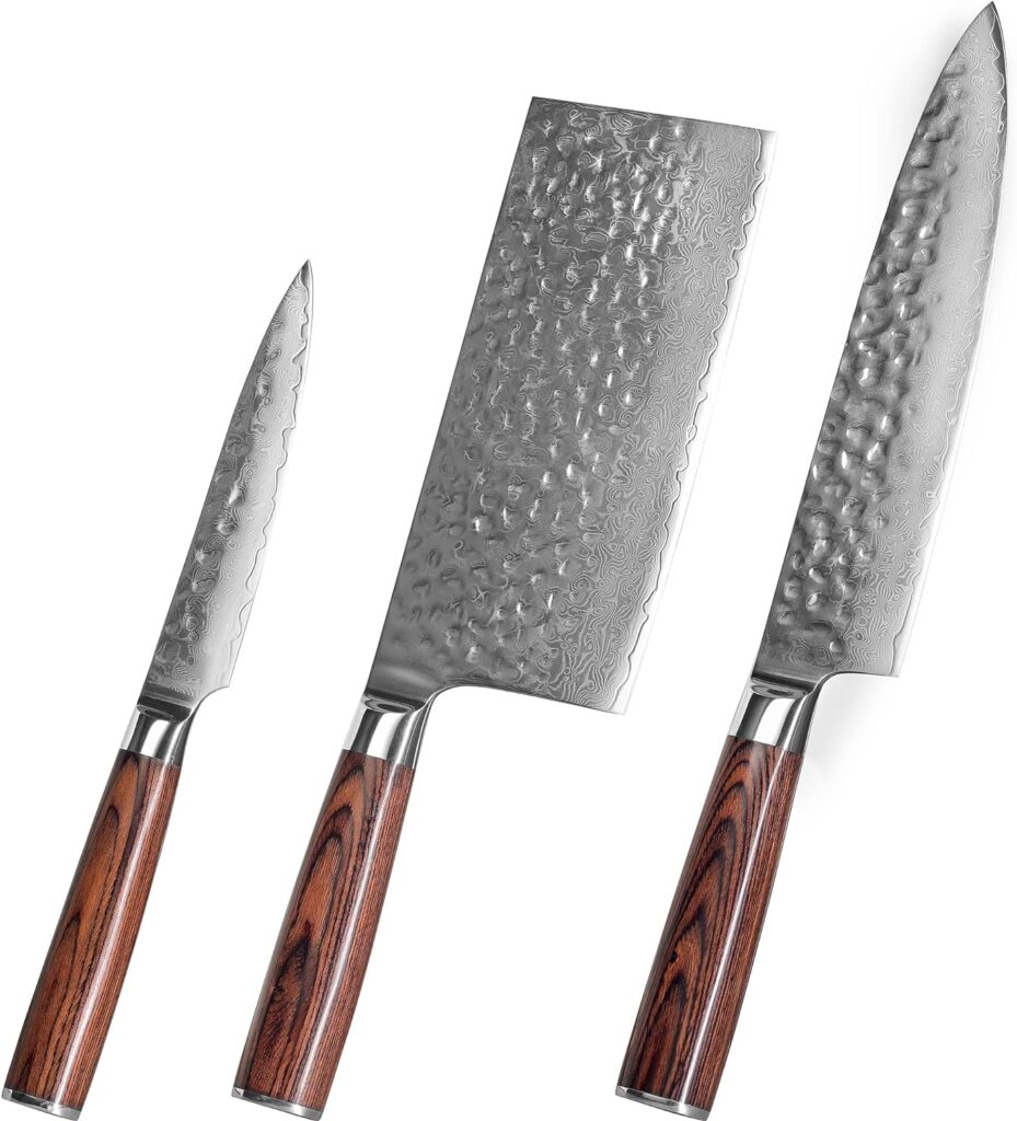 3 Piece Damascus Kitchen Knife Set - including Chefs Knife, Cleaver and Paring Knife