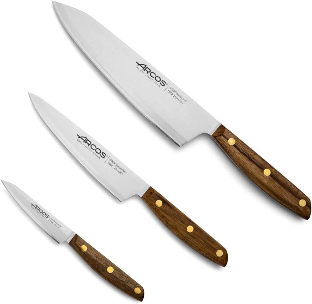 ARCOS Knife Set 3 pieces Nitrum Stainless Steel and mm blade. Professional Kitchen Knife for Cooking. 417. Ergonomic Polyoxymethylene POM Handle. Series Nordika. High precision cut. Color Brown.