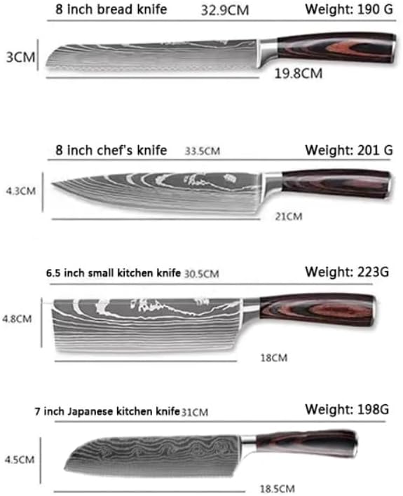 Bonus Home. Set of 8 premium Knife Set chef with Damascus pattern and gift box. Natural wood handles. German Stainless Steel.