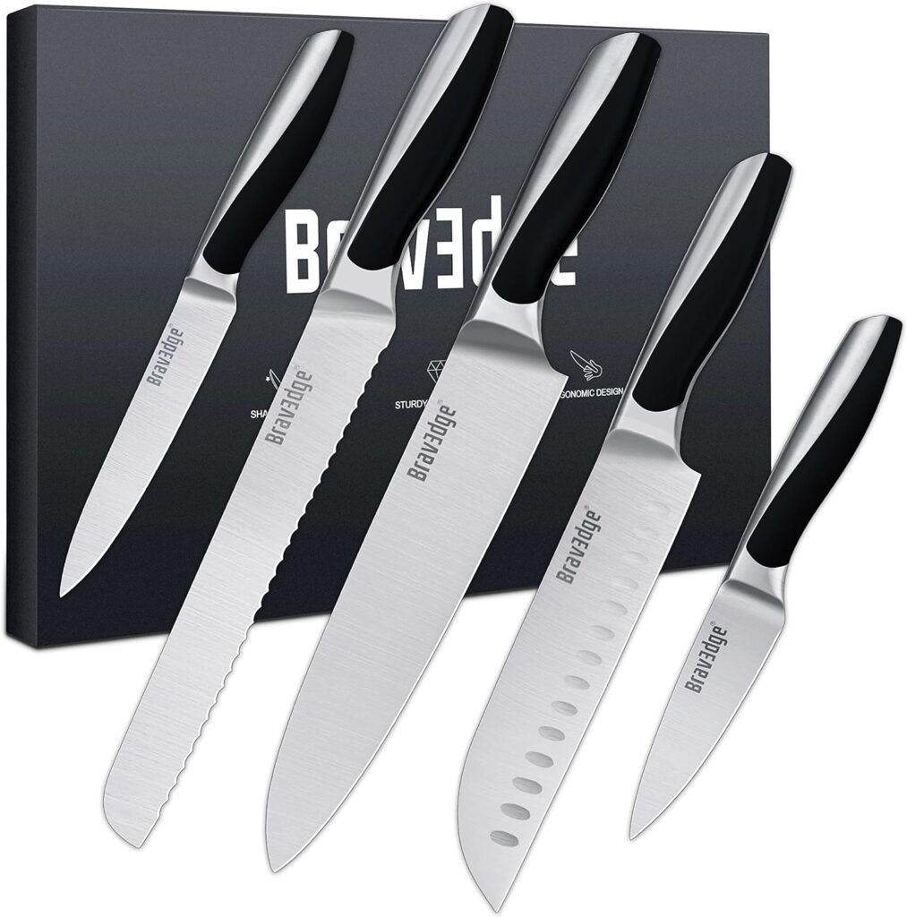 Bravedge 5 PCS Kitchen Knife Set, Professional Chef Knife with Ultra Sharp High Carbon Stainless Steel Blade and Integrated Ergonomic Handle, Gift Boxed Versatile Knife Set for Cooking