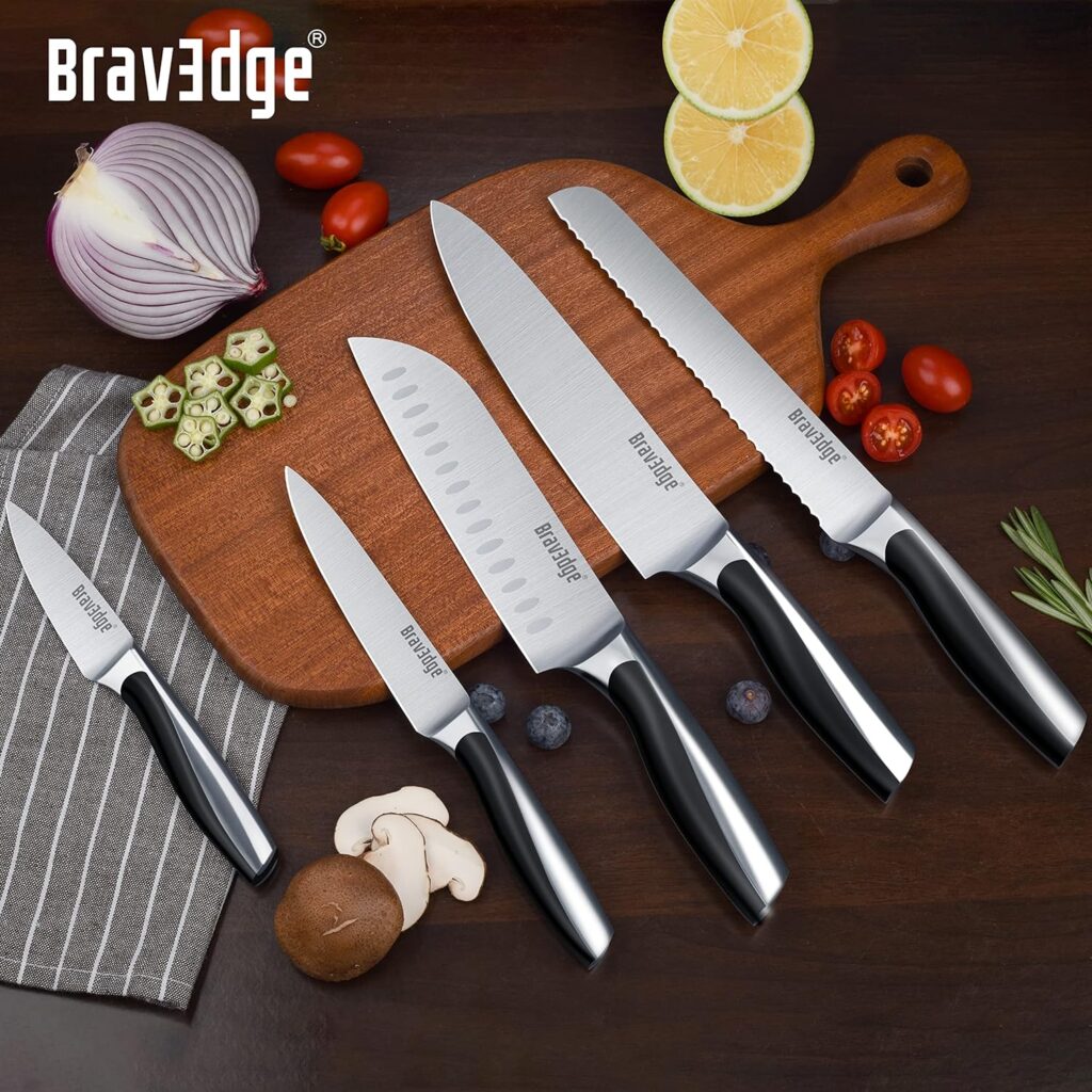 Bravedge 5 PCS Kitchen Knife Set, Professional Chef Knife with Ultra Sharp High Carbon Stainless Steel Blade and Integrated Ergonomic Handle, Gift Boxed Versatile Knife Set for Cooking